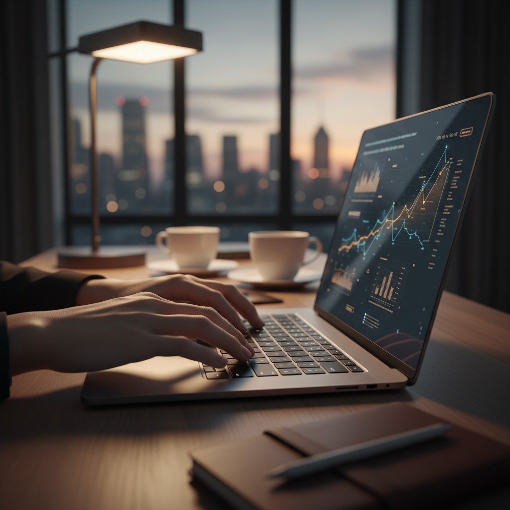 A person's hands typing on a sleek, backlit laptop in a dimly lit, high-end office, professional productivity, cinematic mood
