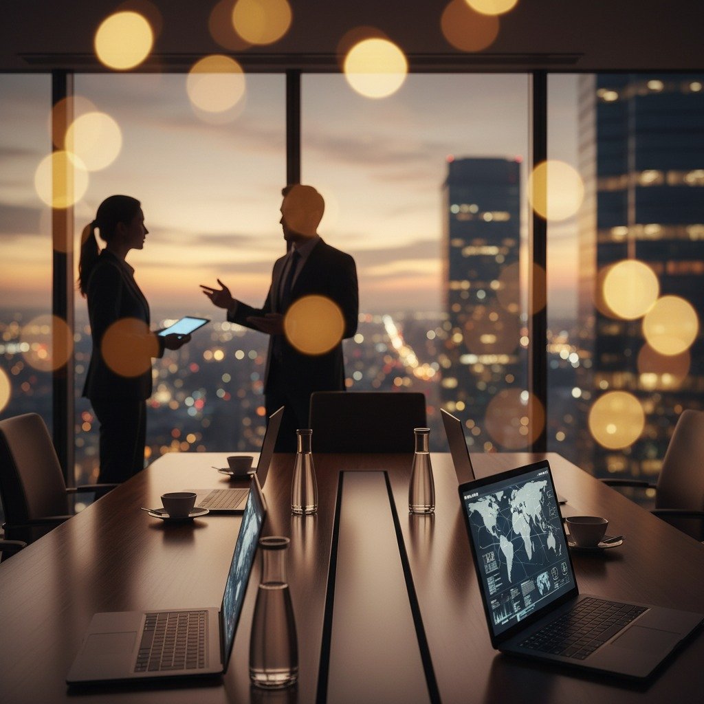 A sophisticated, blurred background of a modern high-rise executive office overlooking a city at twilight, warm ambient interior lighting, sense of global connectivity and professional dialogue, shot on Canon 5D Mark IV, 85mm lens, f/1.8, bokeh effect.